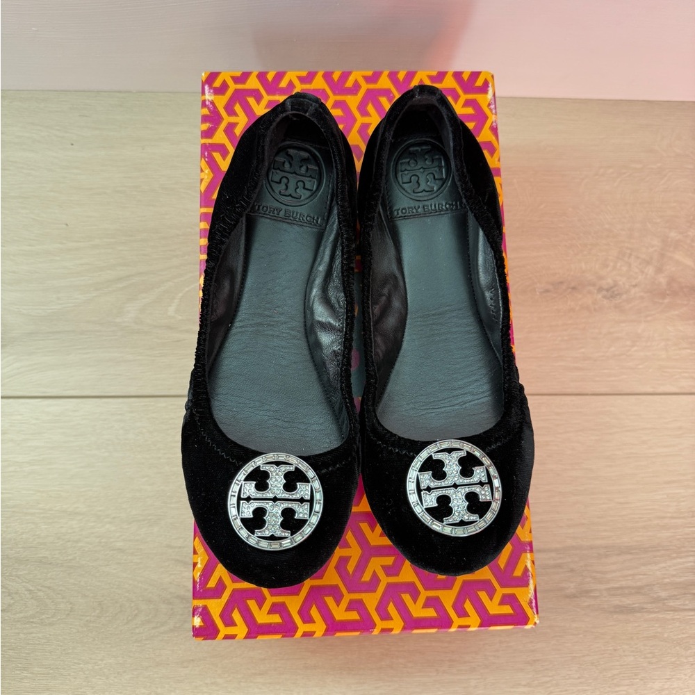 Tory Burch Black Velvet Ballet Flats with Rhinestones